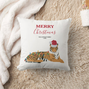 Christmas Tiger Funny Animal with Santa Hat Cushion