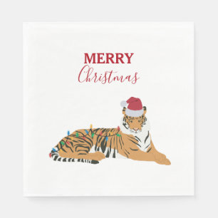 Christmas Tiger Funny Animal with Santa Hat  Napkin