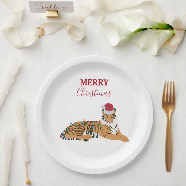 Christmas Tiger Funny Animal with Santa Hat  Paper Plate (Wedding)