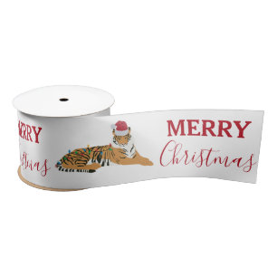 Christmas Tiger Funny Animal with Santa Hat Satin Ribbon