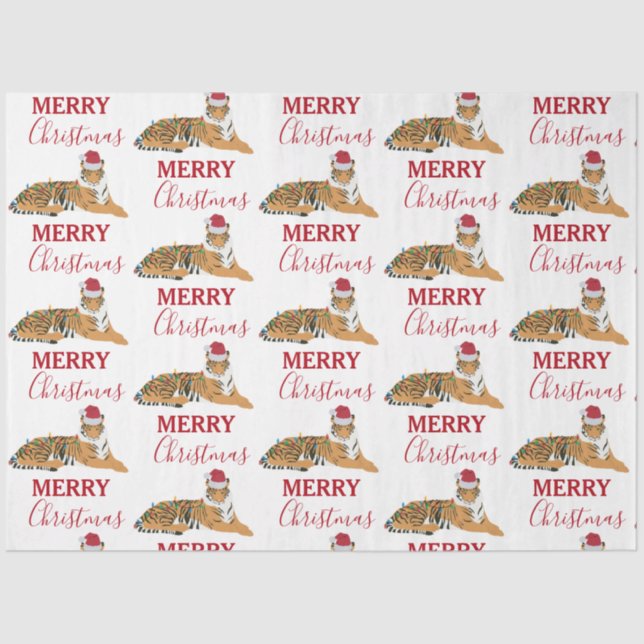 Christmas Tiger Funny Animal with Santa Hat  Tissue Paper (Front)