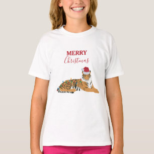Christmas Tiger Funny Animals with Santa Hat  T-Shirt