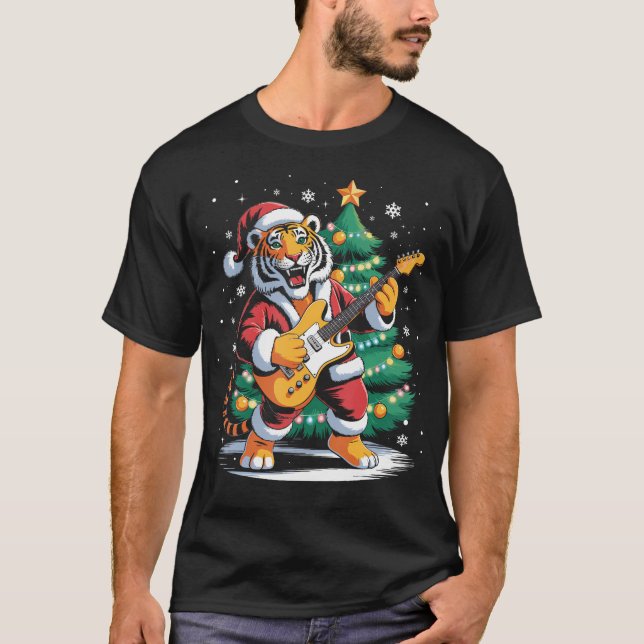 Christmas Tiger Playing Guitar Music Santa Hat Xma T-Shirt (Front)