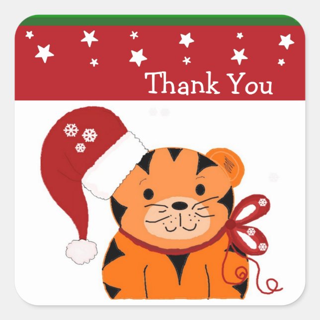 Christmas Tiger Thank You Square Sticker (Front)