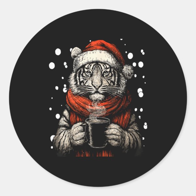 Christmas Tiger With Santa Hat Coffee Lover Funny  Classic Round Sticker (Front)