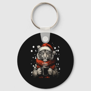 Christmas Tiger With Santa Hat Coffee Lover Funny Key Ring