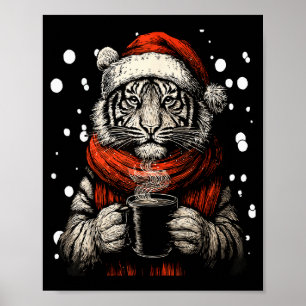 Christmas Tiger With Santa Hat Coffee Lover Funny  Poster