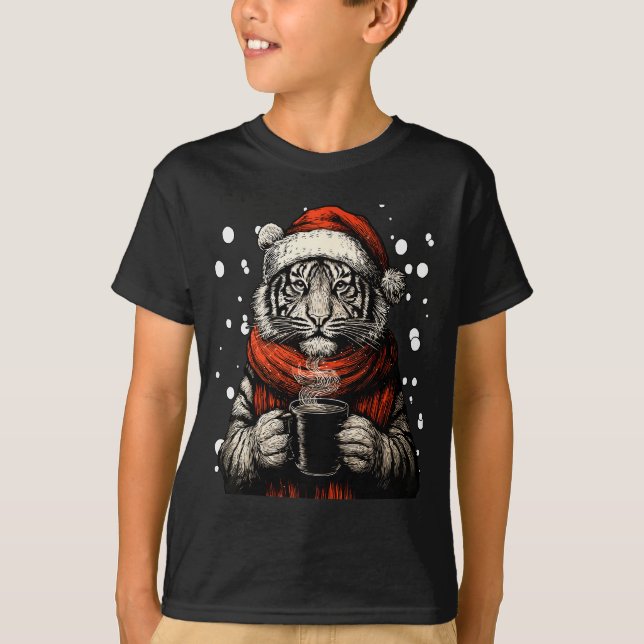 Christmas Tiger With Santa Hat Coffee Lover Funny  T-Shirt (Front)