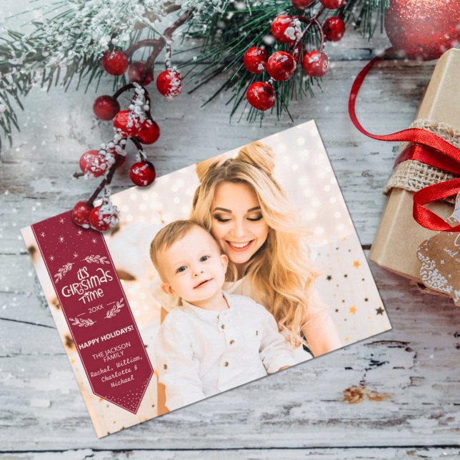 Christmas Time burgundi happy Holidays photo Holiday Card (Creator Uploaded)