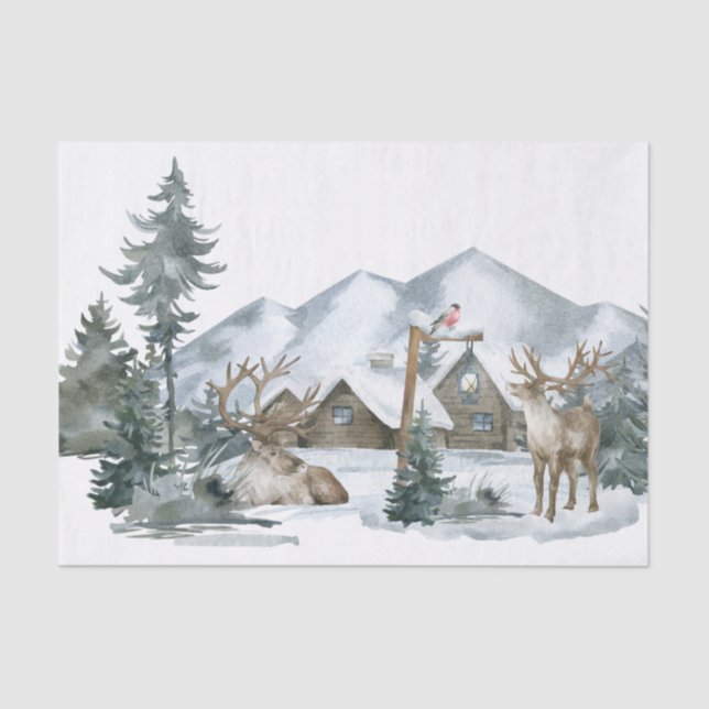 Christmas  Time  Deer, snow, and cabin Decoupage  Tissue Paper (Front)
