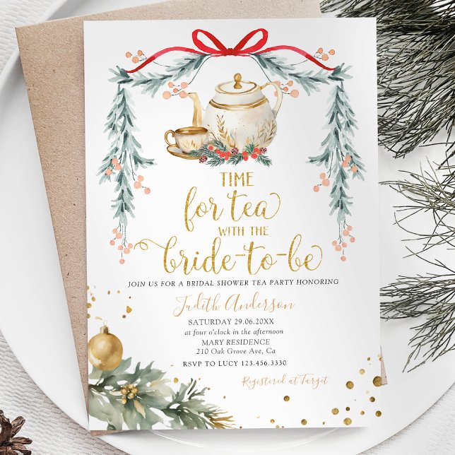 Christmas Time For Tea Party Red Bow Bridal Shower Invitation (Creator Uploaded)