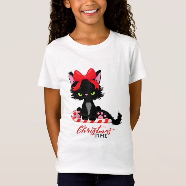 Christmas Time Grumpy Black Kitten Cat T-Shirt (Front)