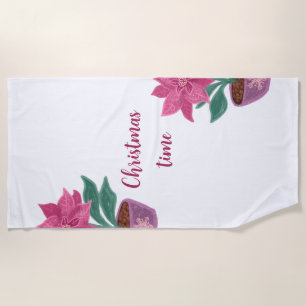 Christmas time Poinsettia in flower pot Beach Towel