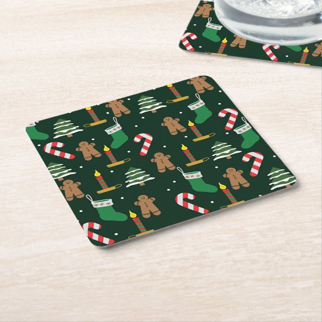 Christmas time with gingerbread and candy canes, square paper coaster (Angled)