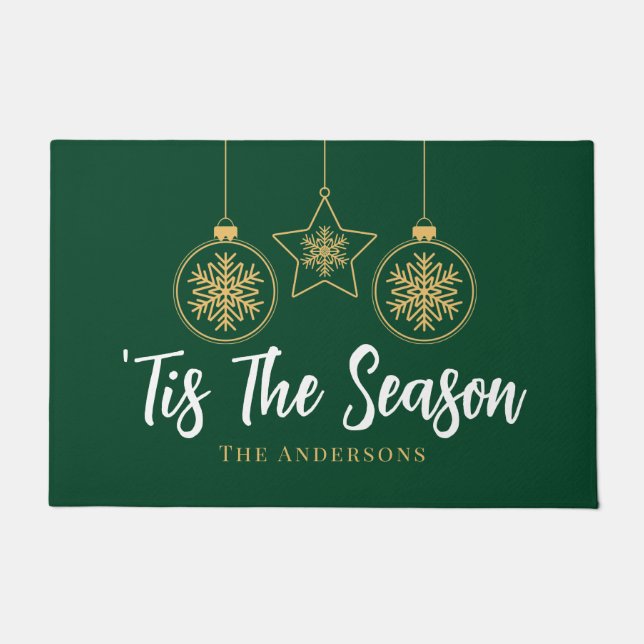 Christmas 'Tis The Season Green Gold, White Family Doormat (Front)