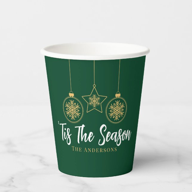 Christmas 'Tis The Season Green Gold, White Family Paper Cups (Front)