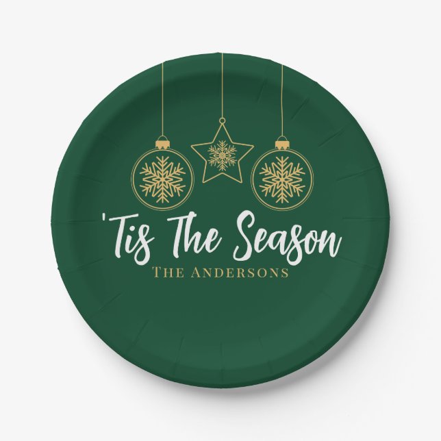 Christmas 'Tis The Season Green Gold, White Family Paper Plate (Front)