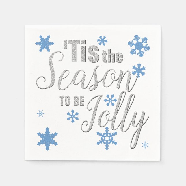 Christmas Tis the Season Snowflake Blue Silver Napkin (Front)