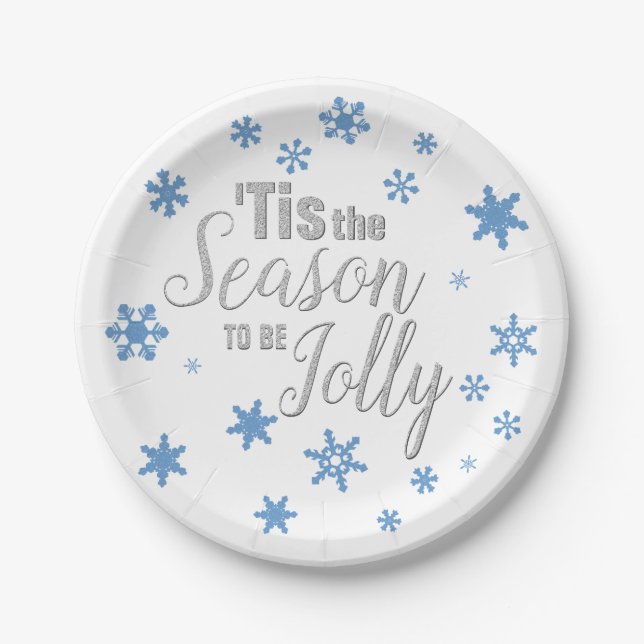 Christmas Tis the Season Snowflake Blue Silver Paper Plate (Front)
