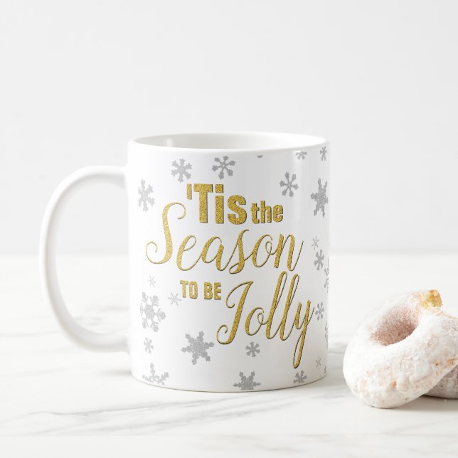 Christmas Tis the Season Snowflake Gold Silver Coffee Mug (With Donut)