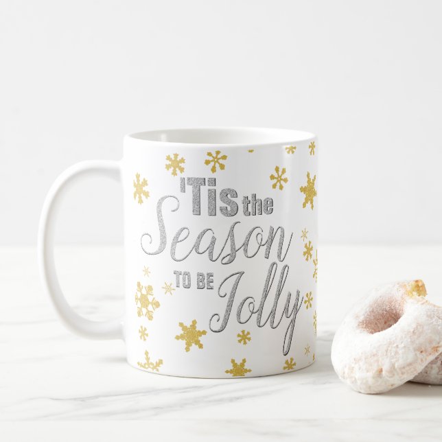 Christmas Tis the Season Snowflake Silver Gold Coffee Mug (With Donut)