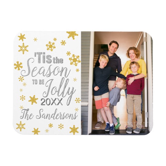 Christmas Tis the Season Snowflake Silver Gold Magnet (Horizontal)