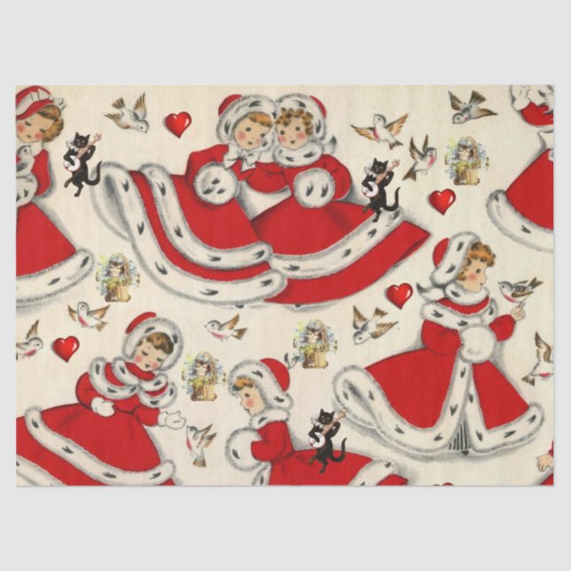 Christmas Tissue Paper, Vintage Christmas, Kitten Tissue Paper (Front)