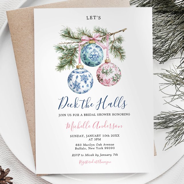 Christmas Toile Chinoiserie Ornament Bridal Shower Invitation (Creator Uploaded)
