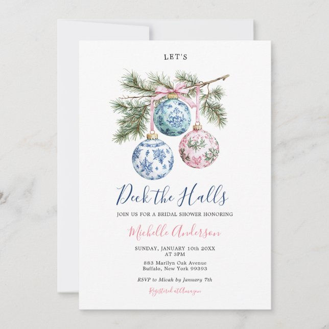 Christmas Toile Chinoiserie Ornament Bridal Shower Invitation (Front)