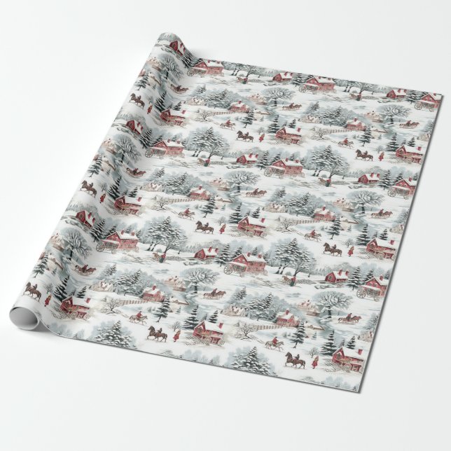 Christmas Toile Village Scenery Holiday House Tree Wrapping Paper (Unrolled)