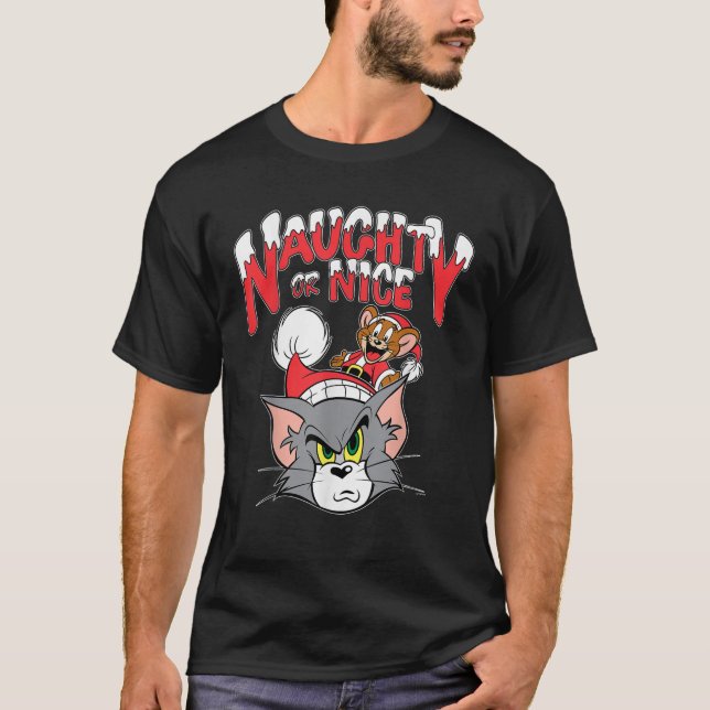 Christmas Tom and Jerry Naughty or Nice Santa Cost T-Shirt (Front)