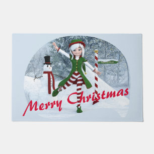 Christmas Toon Girl in a Winter Forest Doormat