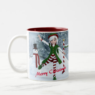 Christmas Toon Girl in a Winter Forest Two-Tone Coffee Mug