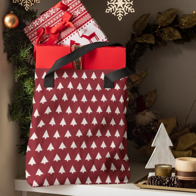 Christmas Tote Bag | Scandi Tree Pattern Red (Minimalist Christmas tote created for elegant, reusable, and contemporary seasonal use)
