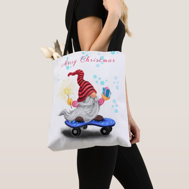 Christmas Tote Bag Skater Gnome with Gifts (Close Up)