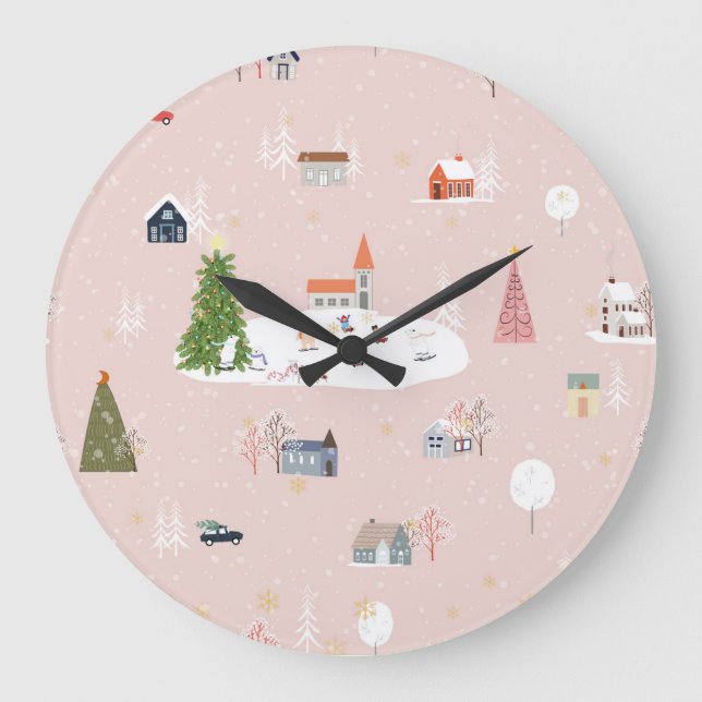 Christmas Town: Cute Vintage Landscape Large Clock (Front)