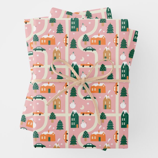 Christmas Town Holiday Map Pattern Wrapping Paper Sheet (In situ)