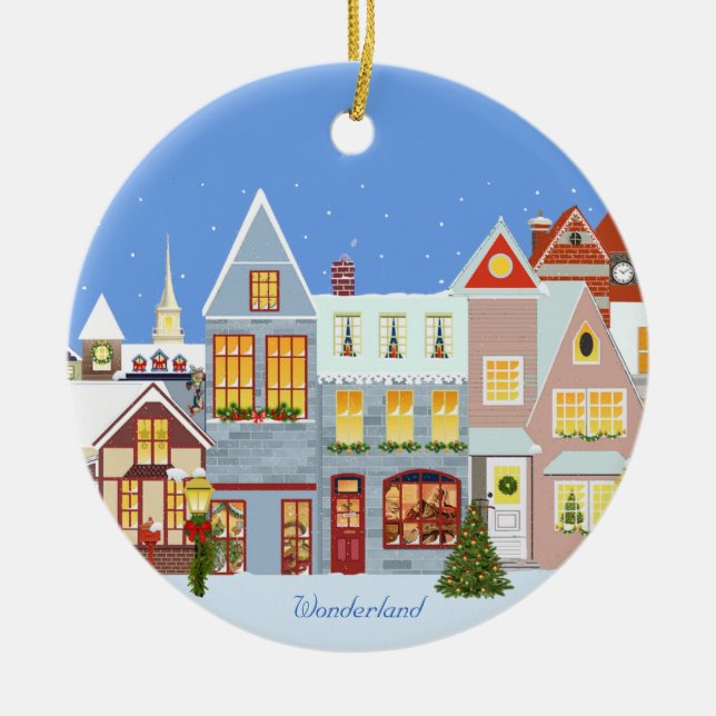 Christmas town houses with blue sky ceramic tree decoration (Front)