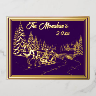 Christmas Town Scene in Gold with Purple Foil Holiday Postcard