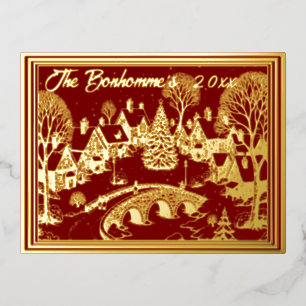 Christmas Town Scene in Gold with Red Foil Holiday Postcard