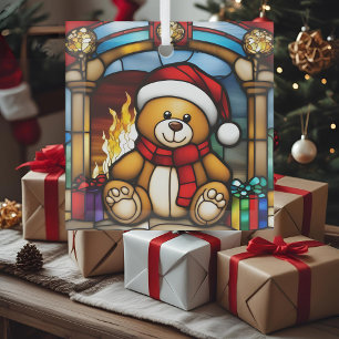 Christmas Toy Bear Faux Stained Glass Tree Decoration