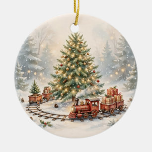 Christmas Toy Train Gift Watercolor Tree Snowy Nig Ceramic Tree Decoration