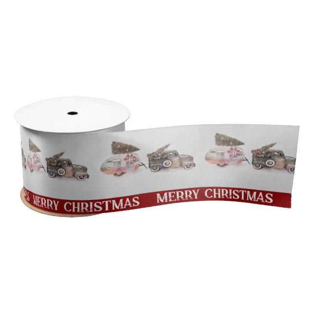 Christmas toy truck & camper with text message  satin ribbon (Spool)