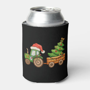 Christmas Tractor Tree Cute Santa Hat Xmas Lights Can Cooler