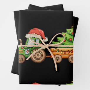 Christmas Tractor Tree Cute Santa Hat Xmas Lights Wrapping Paper Sheet