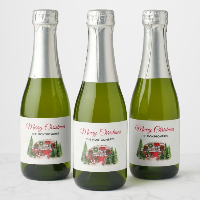 Christmas Trailer Camper Outdoorsy Theme Sparkling Wine Label (Bottles)