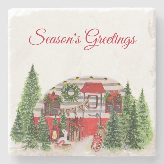 Christmas Trailer Camper Outdoorsy Theme Stone Coaster (Front)