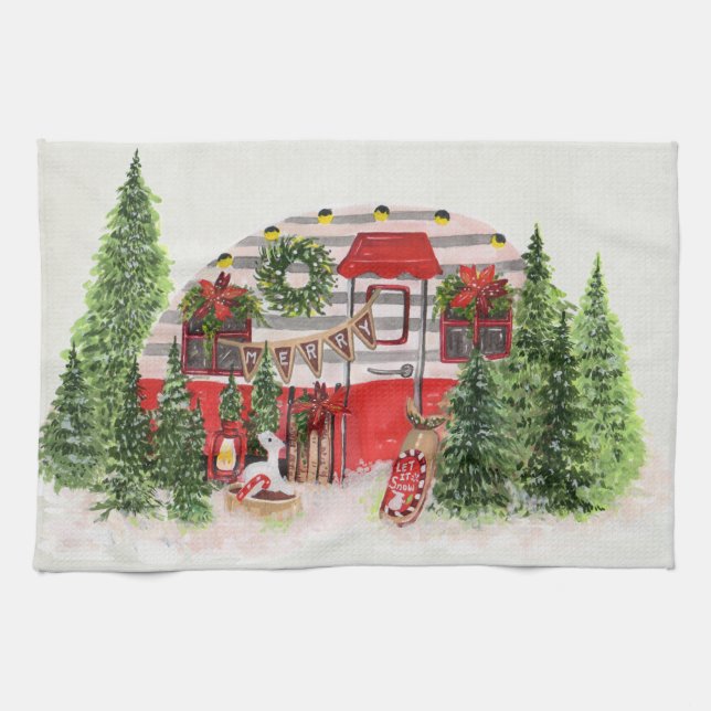 Christmas Trailer Camper Outdoorsy Theme Tea Towel (Horizontal)