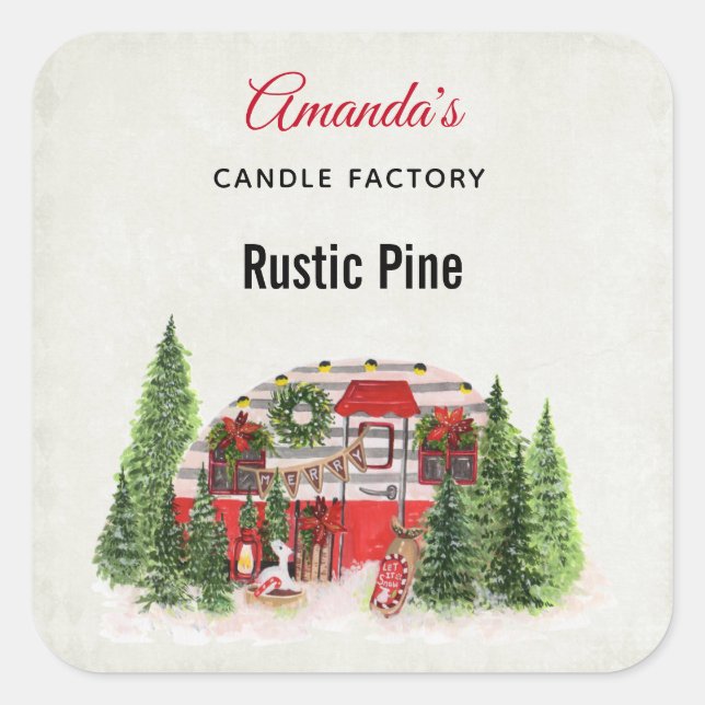 Christmas Trailer Camper Rustic Candle or Soap Square Sticker (Front)
