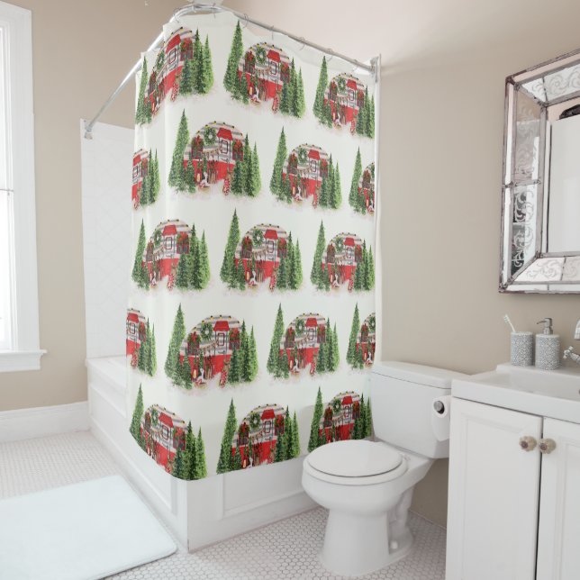 Christmas Trailer Camper Rustic Pattern Shower Curtain (In Situ)